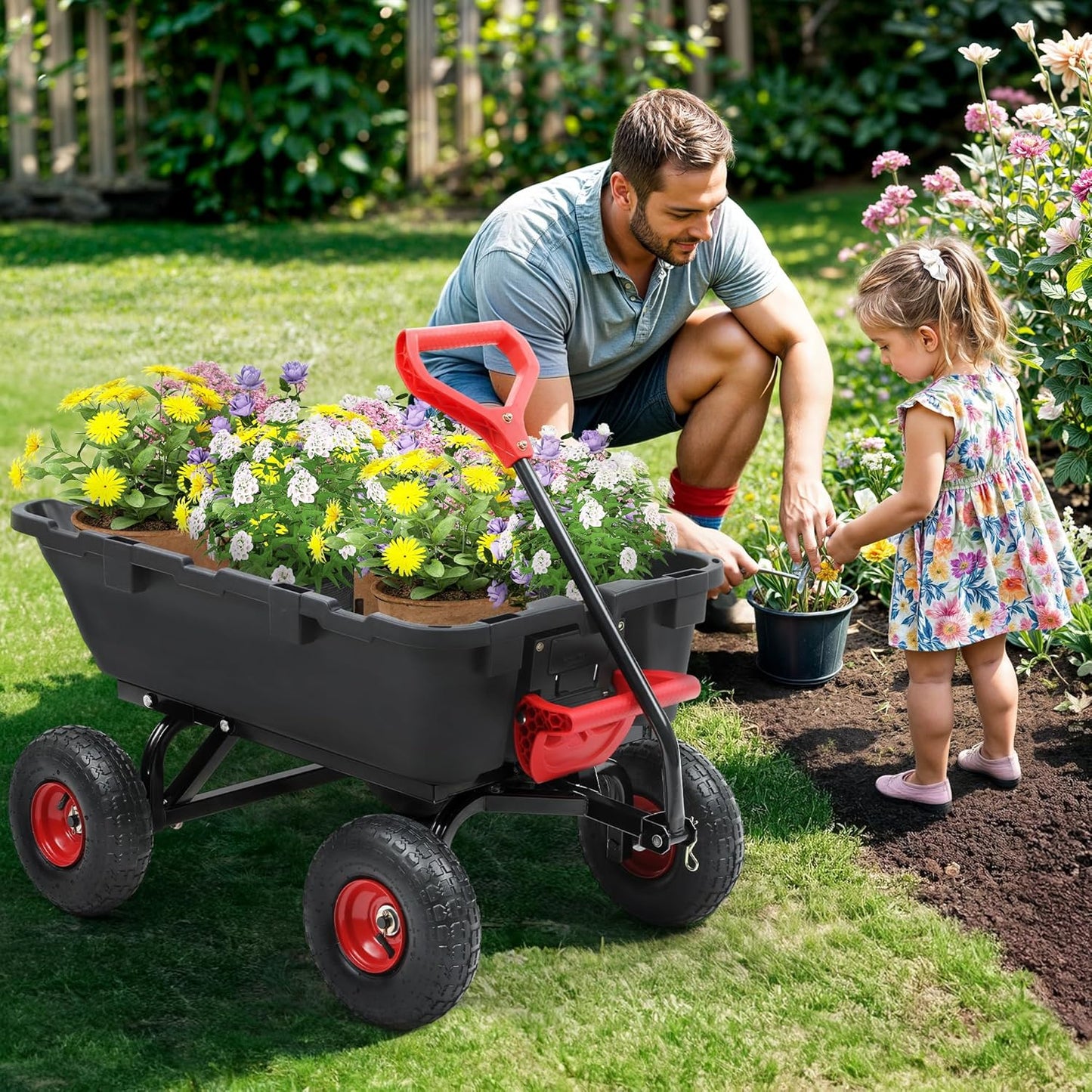 800lbs Garden Dump Cart, Heavy Duty Yard Dump Wagon with 10" Pneumatic Tires, Utility Wheelbarrow cart for Yard, Farm and Garden