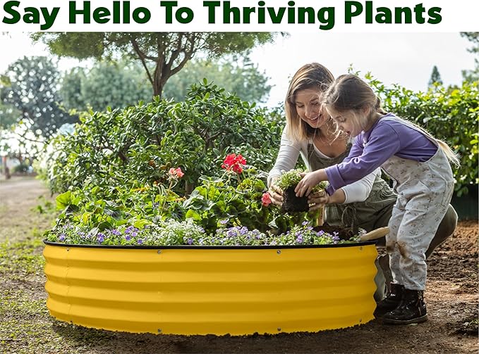 Round Galvanized Raised Garden Bed // 4×4×1 ft Galvanized Raised Garden Beds Outdoor for Gardening, Vegetables, Flowers // Patented Tool-Free Design Round Planter (Yellow)