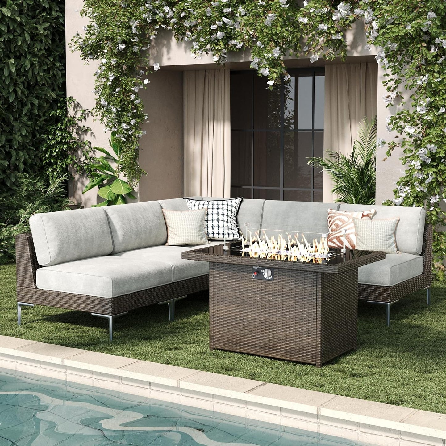 LayinSun 6-Piece Outdoor Modular Wicker Sectional Sofa with Fire Pit Table, Patio Furniture Conversation Set with Deep Seating and Thick Cushions