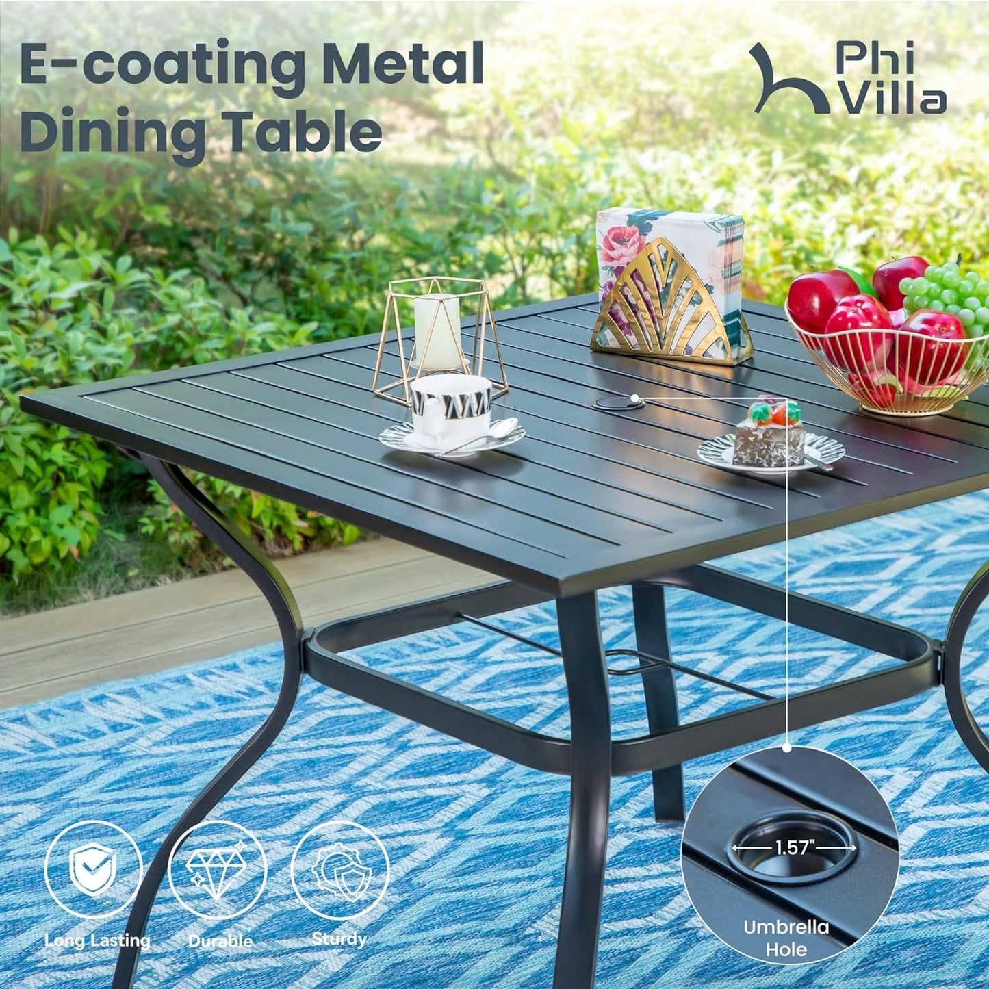 PHI VILLA Patio Table and Chairs Dining Set with Umbrella for 4, Outdoor Dining Set with 4 Swivel Patio Chairs, 1 Square Metal Dining Table and 10ft Navy Blue Large Patio Umbrella (No Umbrella Base)