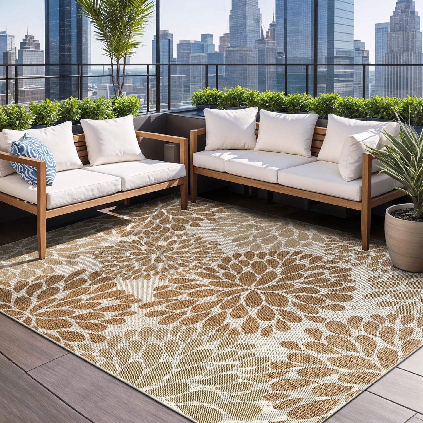 Beverly Rug Outdoor Rug 9x12 Modern Exotic Tropical Leaf Area Rugs for Indoor and Outdoor Patio Deck Porch Garden Water Resistant Washable Outside Carpet (9 x 12 Beige)