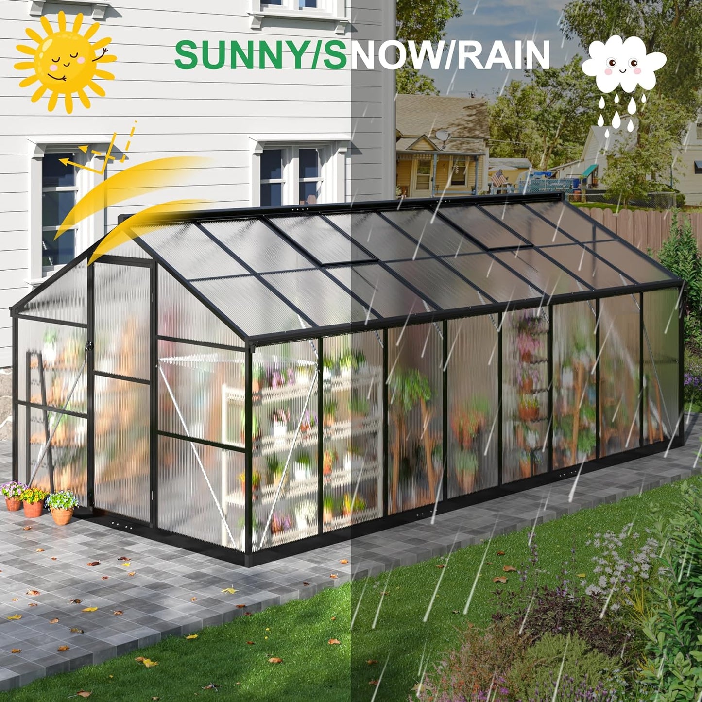 WKM 8x16 FT Greenhouse for Outdoors, Polycarbonate Greenhouse with Roof Vent and Quick Setup Structure, Aluminum Greenhouse for Garden Backyard, Black