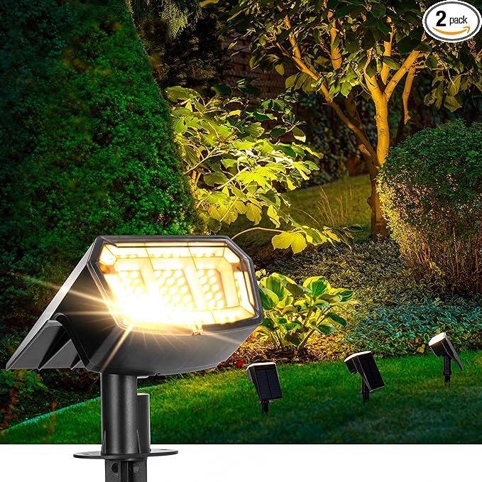 Solar spotlights Outdoor 63 LED 3 Lighting Modes, IP65 Waterproof Lighten Yard Garden House Garage Pathway for Christmas Decorations-2 Pack