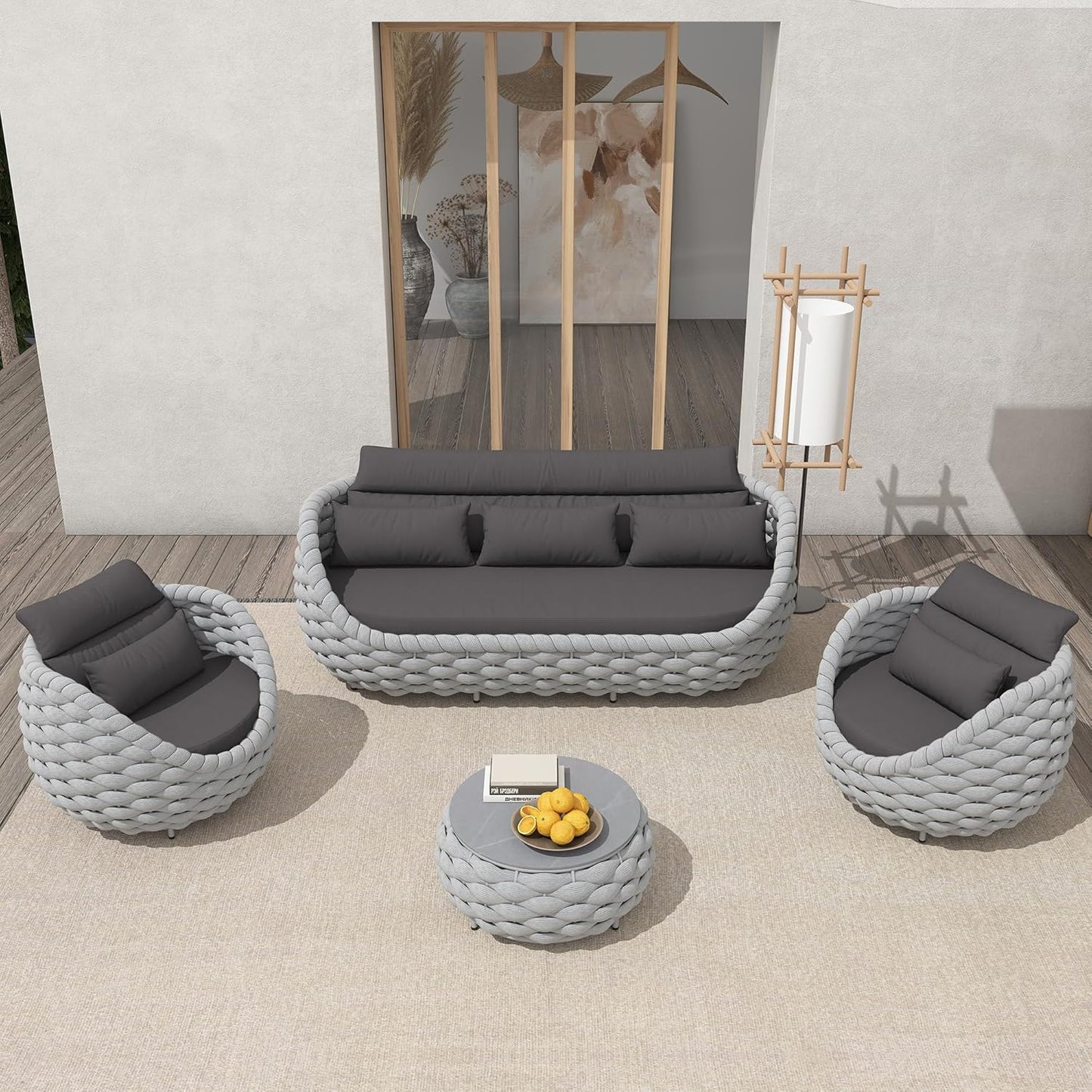 TWT Aluminum Patio Furniture Set Three Seater Sofa Outdoor Furniture Set w/Coffee Table,Patio Conversation Set with Hand Woven Polyester Rope for Bedroom Backyard Poolside, Grey