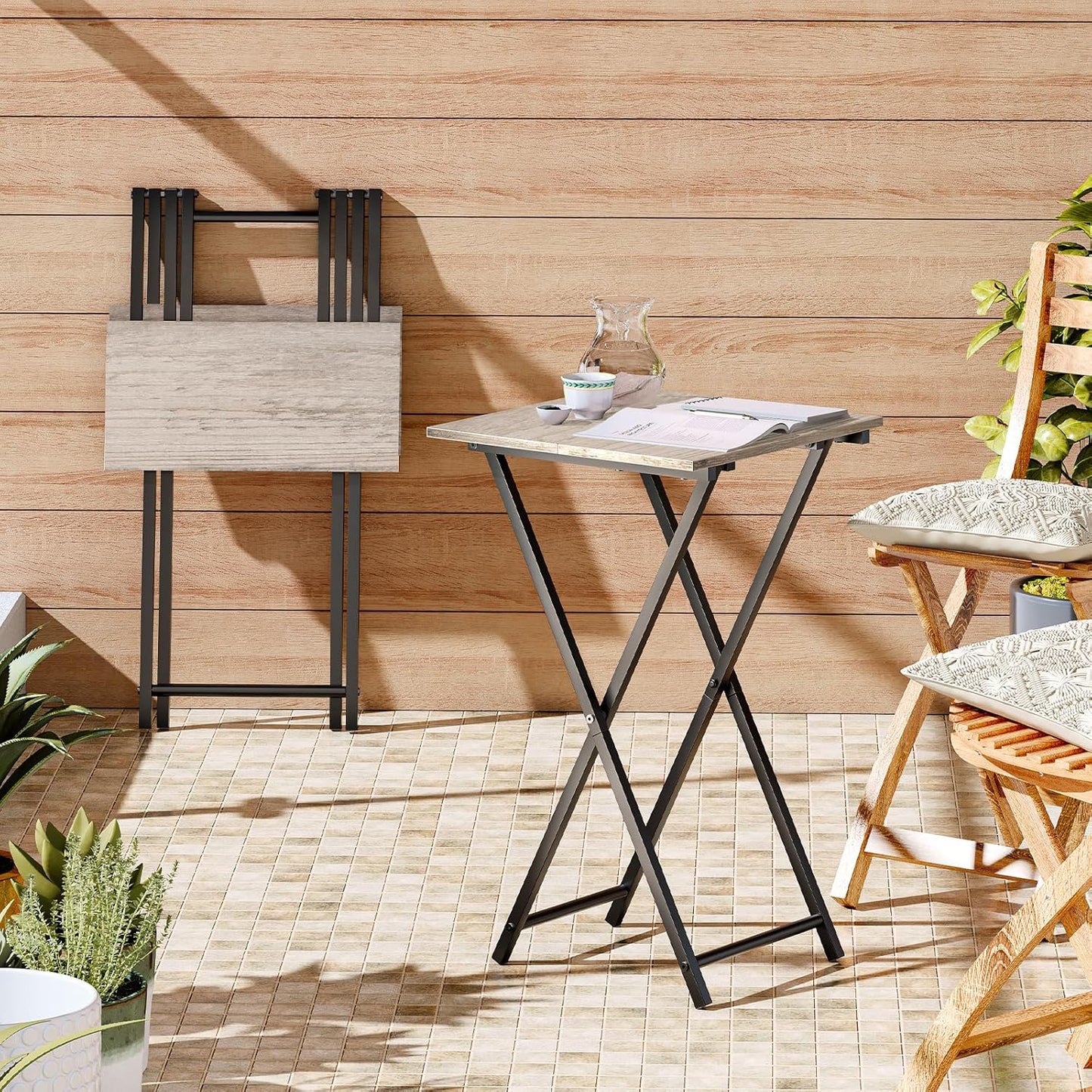 HOOBRO Folding TV Tray Table, Set of 2 Wooden TV Tray, Portable Sofa Side Snack Table, Industrial Desk for Small Spaces, Space-Saving, Easy to Install and Fold, Greige and Black BG27BZP201