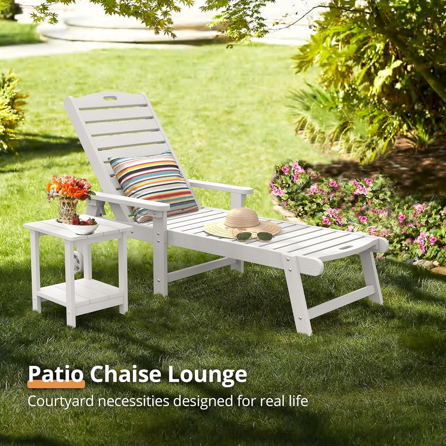 LUE BONA Outdoor Chaise Lounge Chairs Set of 2, 79'' Oversized HDPS Chaise Lounger, 5 Positions Adjustable Lounge Chairs, Pool Lounge Chair with Wheels for Poolside, 3 Year Warranty, White