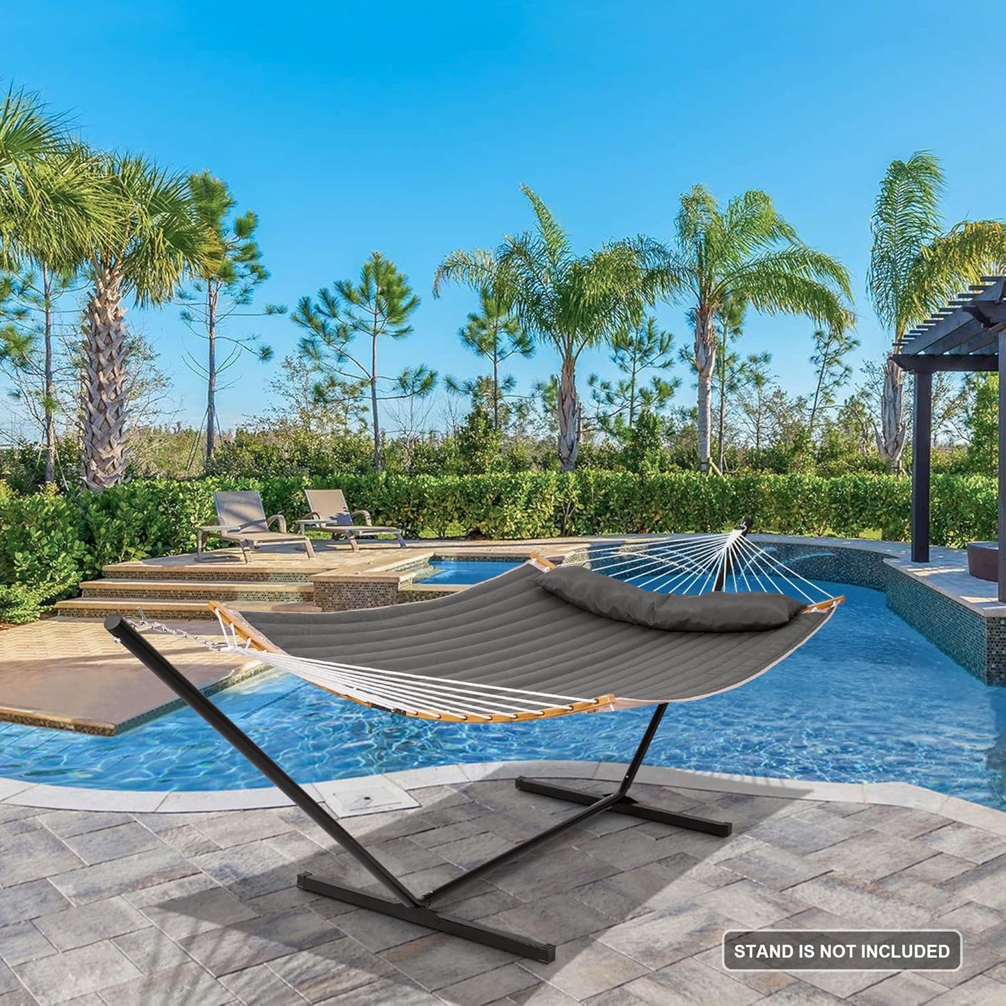 SUNCREAT Portable Double Hammock with Curved Spreader Bar, 450 lbs Capacity, Heavy Duty Outdoor Hammock with Outer Bag, Dark Gray