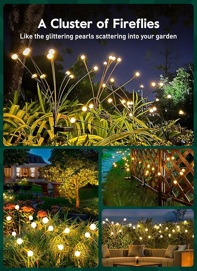 Solar Garden Lights - 4 Pack 48 LED Firefly Lights with 2 Lighting Modes, Sway by Wind, Waterproof Outdoor Decoration, Warm White