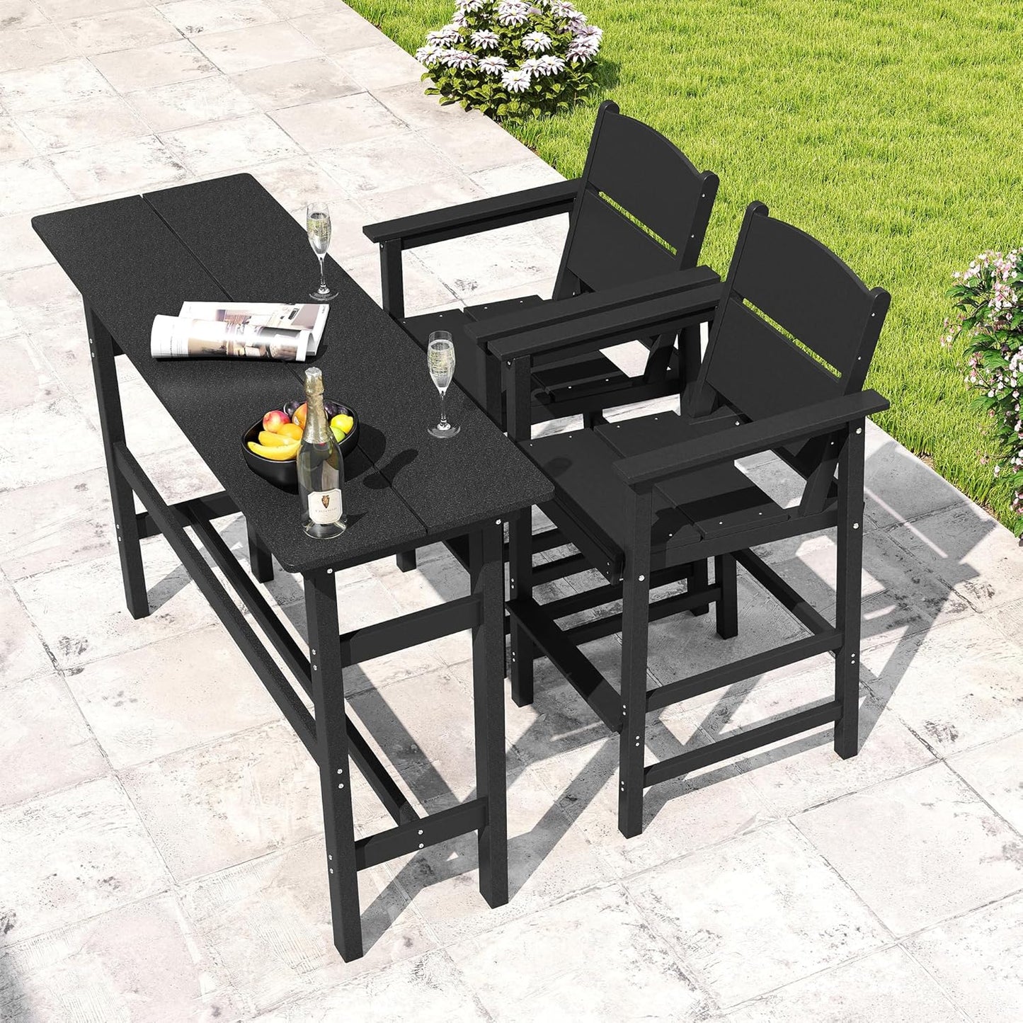 Bar Height Patio Table and Chairs Set, HDPE Outdoor Adirondack Bar Chairs and Patio Table, All-Weather Patio Furniture for Poolside, Backyard, Garden, High Top Patio Bar Set (Black, 3-Piece)