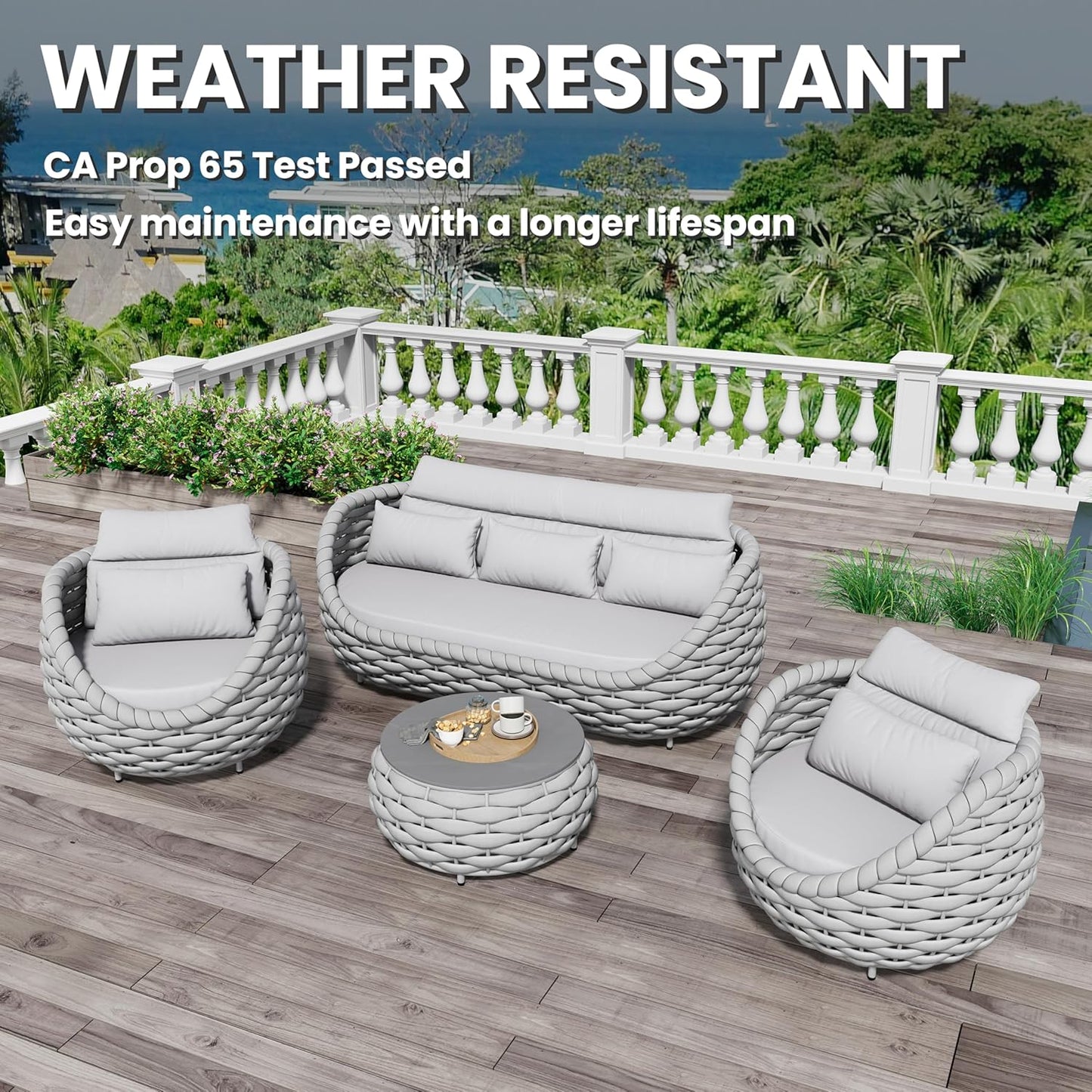 Woven Rope Patio Furniture Set: 4 Pieces Aluminum Outdoor Conversation Sofa Set Assembled - Modern Couch Set Cushioned - All Weather Metal Porch Seating for 5 Person Deck Garden Pool Hotel, Gray