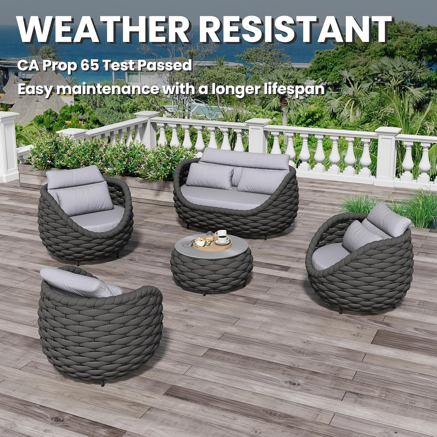 Fully Assembled Patio Furniture Set: 5 Pieces Woven Rope Outdoor Conversation Set Cushioned - Modern Metal Deck Loveseat Chair Table Set - Porch Seating for Courtyard Garden Pool Balcony Hotel