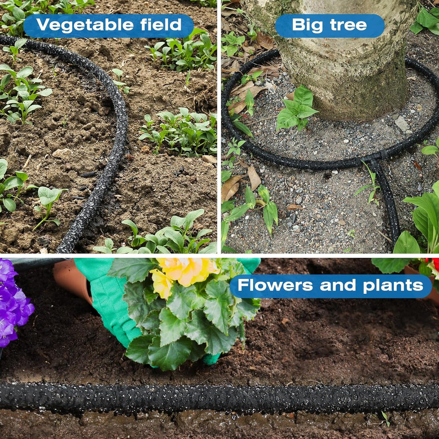 Soaker Hose 150FT Heavy Duty Rubber Saves 75% Water End Cap Included for Additional Hose Connect Great for Gardens/Flower Beds