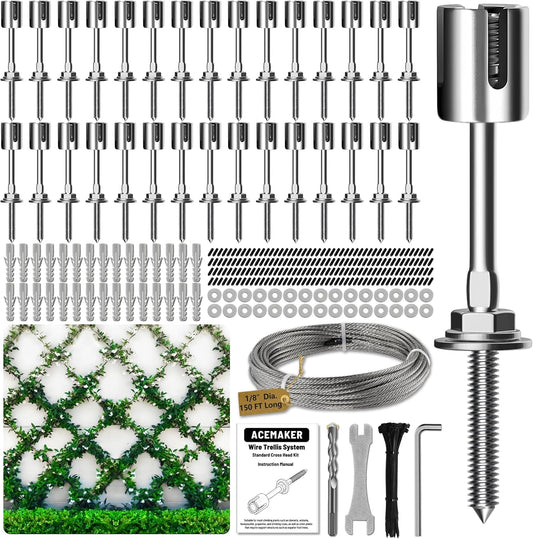 Wire Trellis for Climbing Plants Outdoor, 30-Set Wall Wire Trellis Kit with 1/8in x 150ft Stainless Steel Cable, T316 Espalier System for Fence and Garden DIY Projects