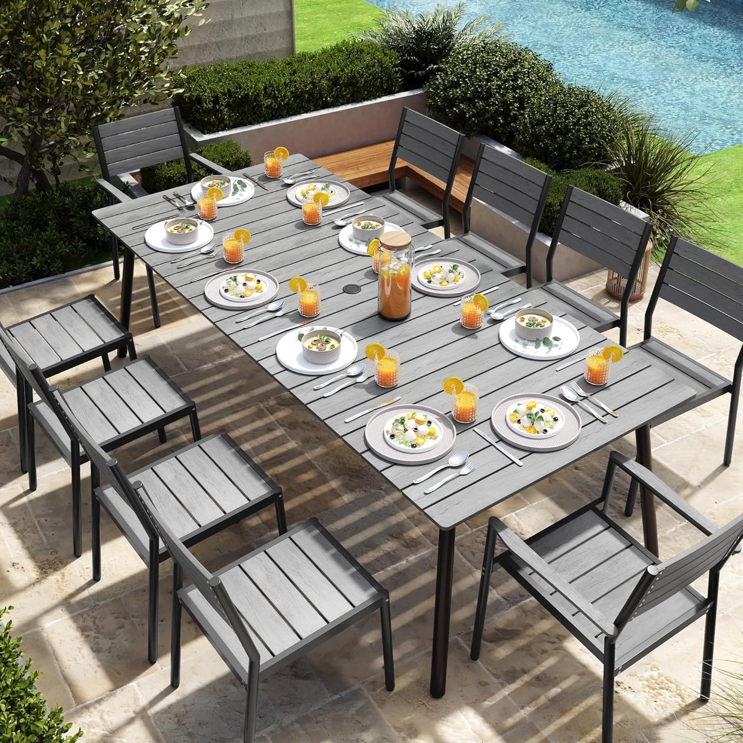 Outdoor Dining Table for 8-10, 94.5 inch Patio Dining Table with Wooden-Like Top and Aluminum Frame, Rectangular Table with Umbrella Hole Outdoor Furniture, Grey