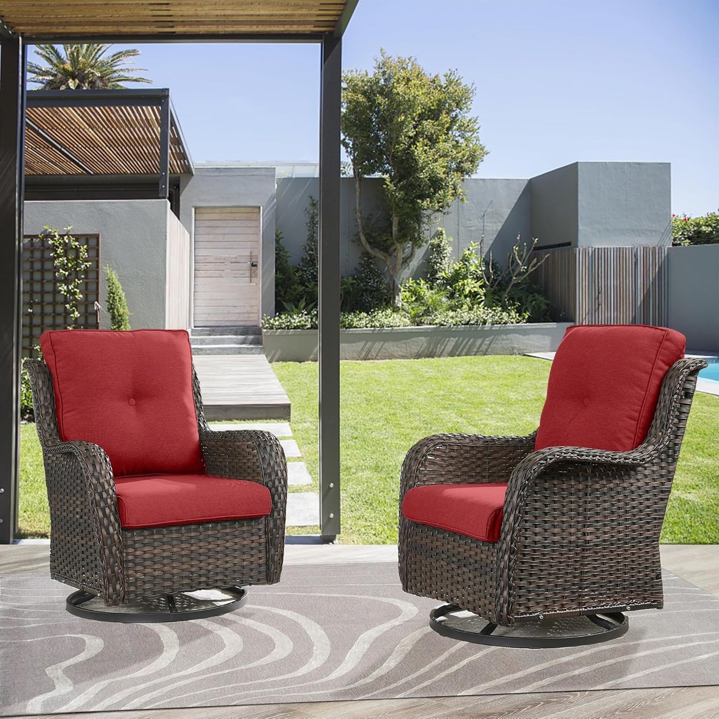 Outdoor Swivel Rocker Patio Chairs - 360 Degree Swivel Glider Seating Wicker Rocking Chairs Set of 2 with High Back Deep Seat for Porch Balcony Deck, Brown/Red