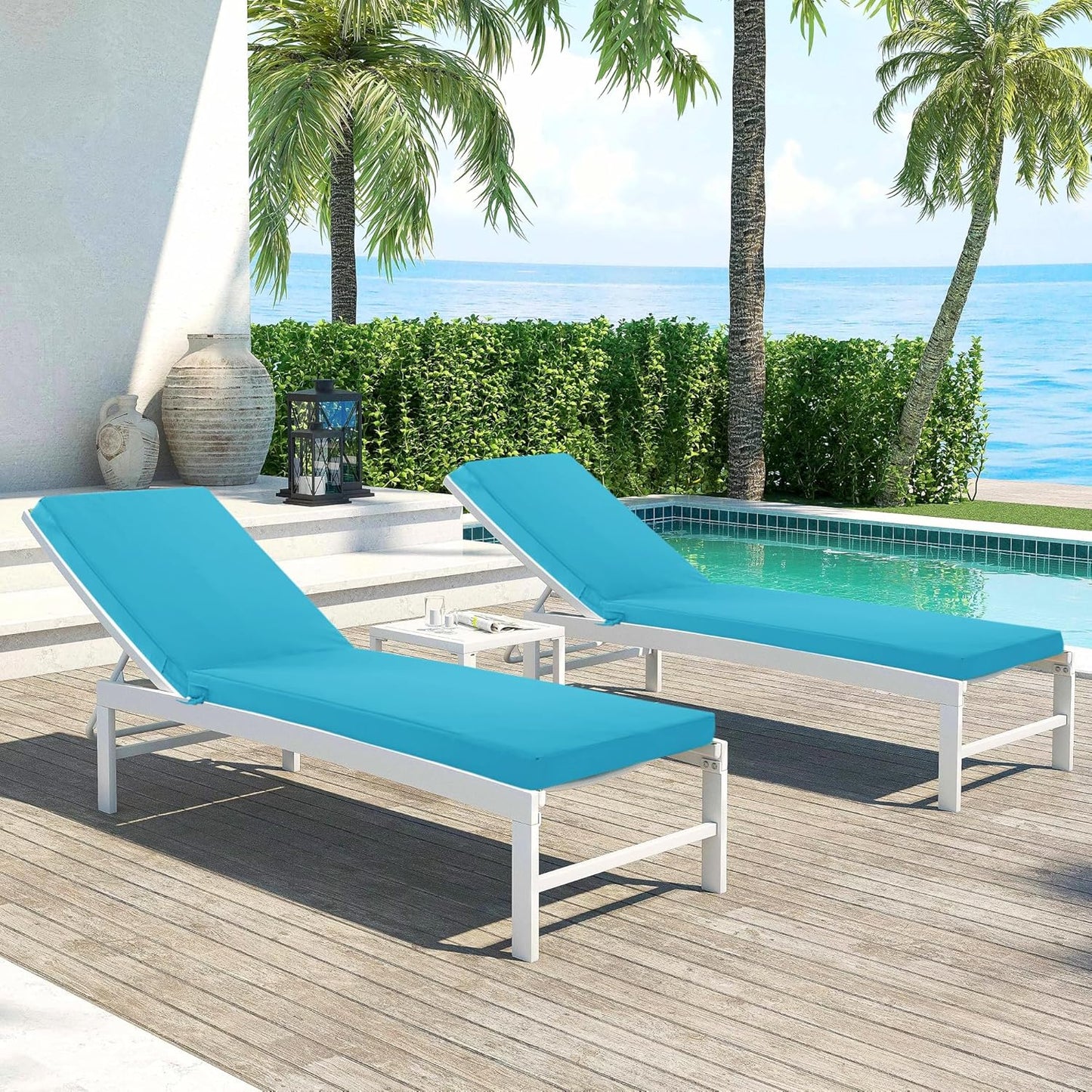 Chaise Lounge Cushions Outdoor Set of 2 - Waterproof and Fade Resistant Sun Lounger Replacement Cushions - Patio Lounger Pads with Removable Cover for Pool, Deck, Lawn, 72 x 21 x 3 Inch, Teal