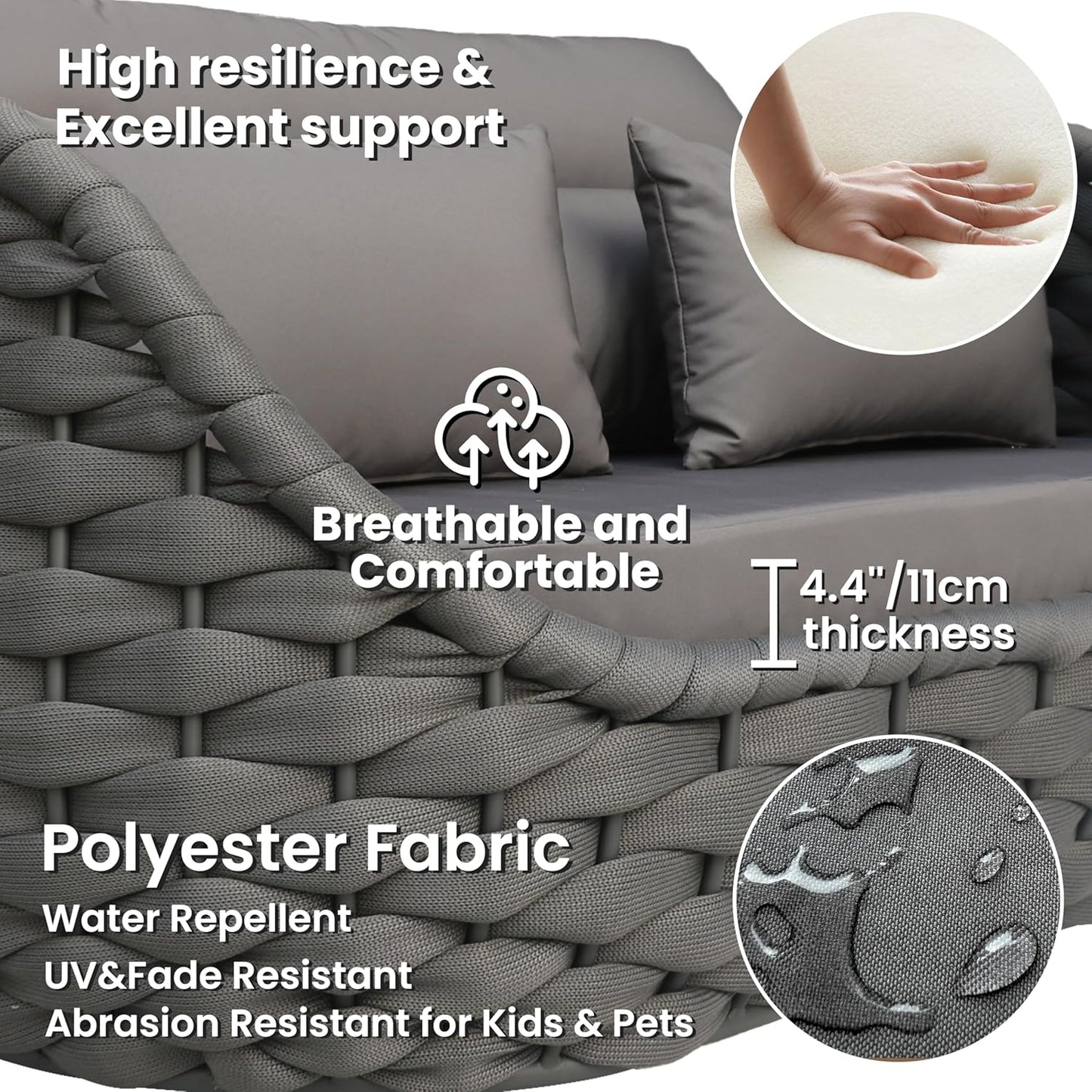 Aluminum Patio Furniture Set of 4: Woven Rope Outdoor Conversation Sofa Set Assembled - Modern Cushioned Armchair Couch Set for 660lbs Porch Deck Backyard Poolside Drawing Room Hotel, Dark Gray