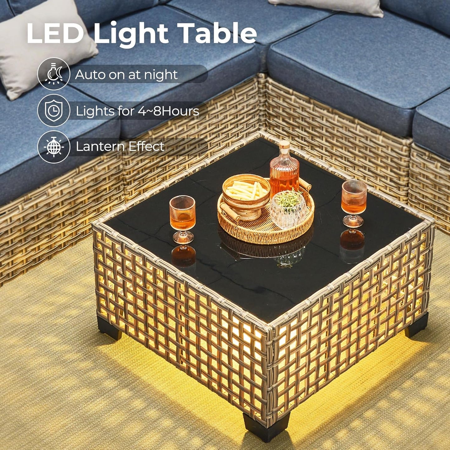 HOOOWOOO Outdoor Sectional Patio Furniture Set with Fire Pit Table,10 Pieces Wicker Conversation Sets L Shaped Couch,Extra Deep Out Door Sofa Outside Furniture with Swivel Chairs,Denim Blue