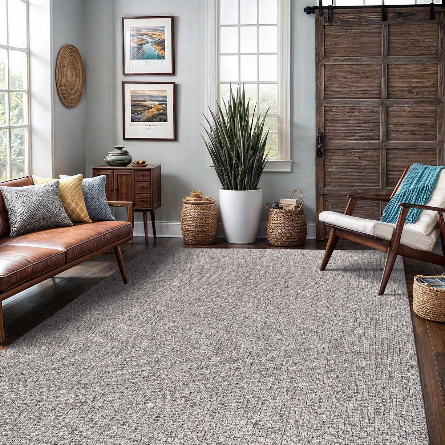 Easy Jute Rug 4x6 Indoor Outdoor Natural Rugs Solid Fiber Rug Woven Area Rug Boho Easy Clean Inside Carpet for Living Room Bedroom Dining Room Hallway or Outdoor Patio Porch (4 X 6 Silver)