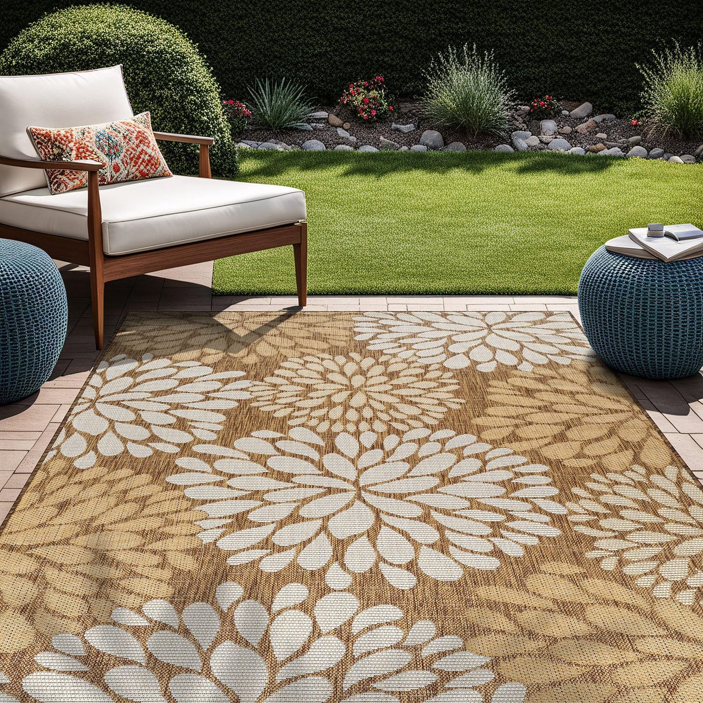 Beverly Rug Outdoor Rug 5x7 Modern Exotic Tropical Leaf Area Rugs for Indoor and Outdoor Patio Deck Porch Garden Water Resistant Washable Outside Carpet (5 x 7 Wooden)