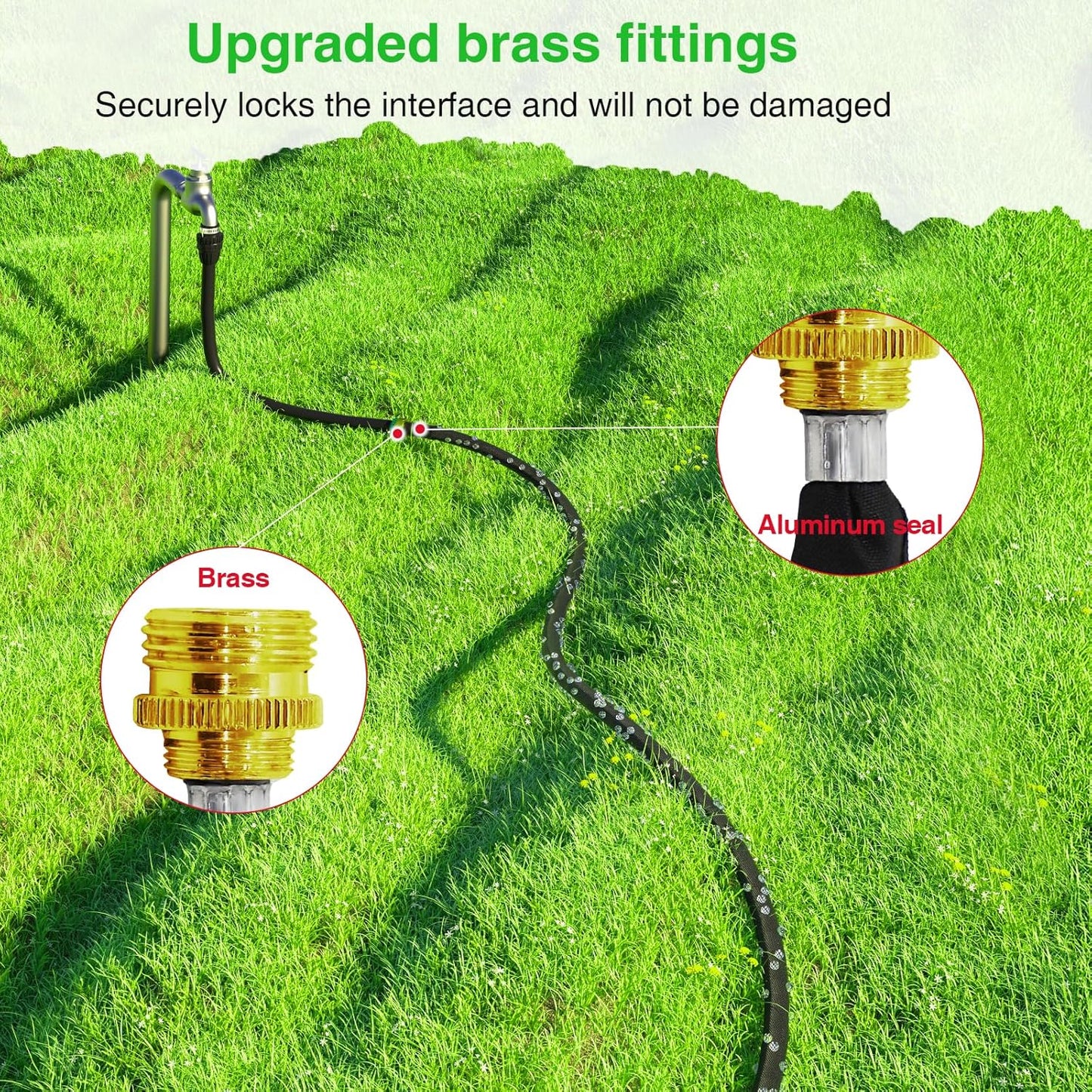 Mixc 2025-Thickened Flat Soaker Hose 100Ft with Copper Joint,Aluminum Seal,1mm Thickened Hose,360°Swival Handle and Inlet,Hole Pressure Relief Gasket,Drip Kit for Vegetable Garden,Lawn,Flower Bed