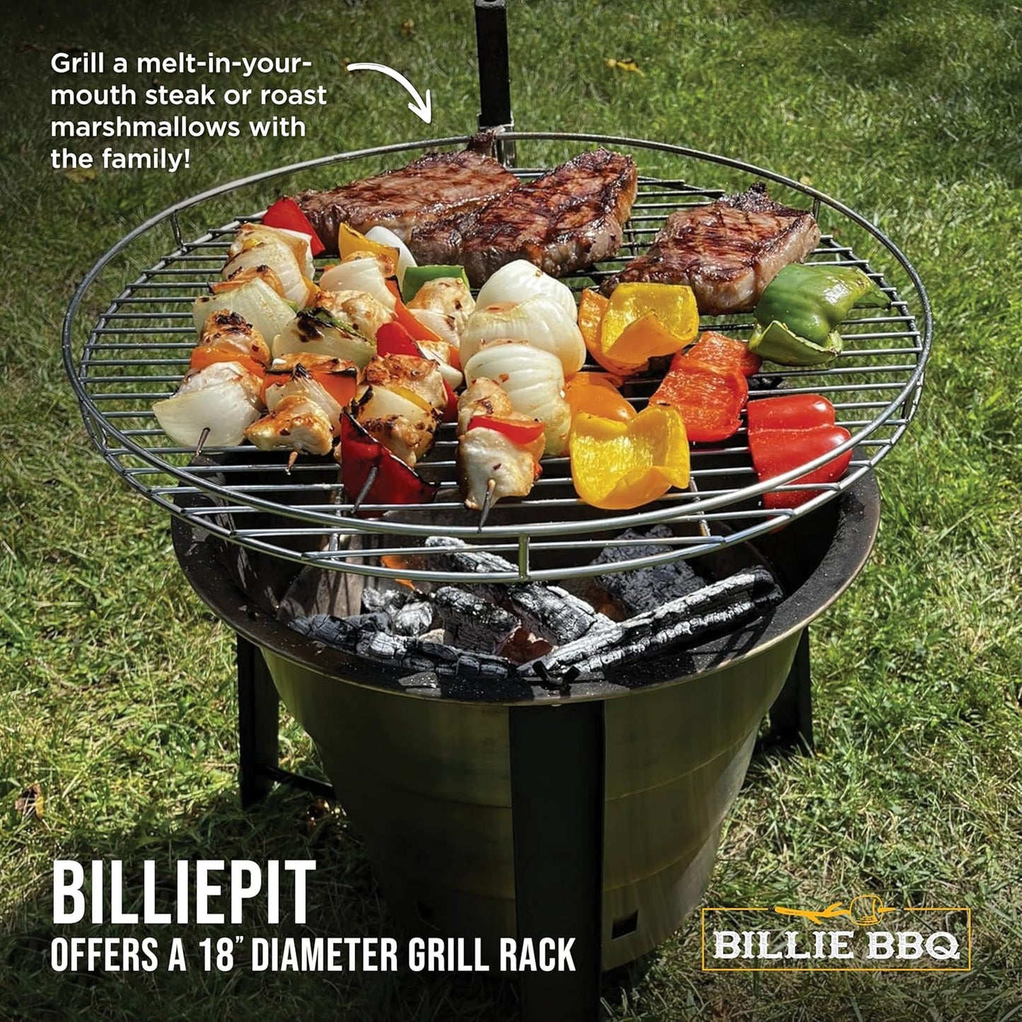 18-Inch Portable Campfire Pit & Grill - Stainless Steel Fire Pit with Raised Edge Grilling Rack