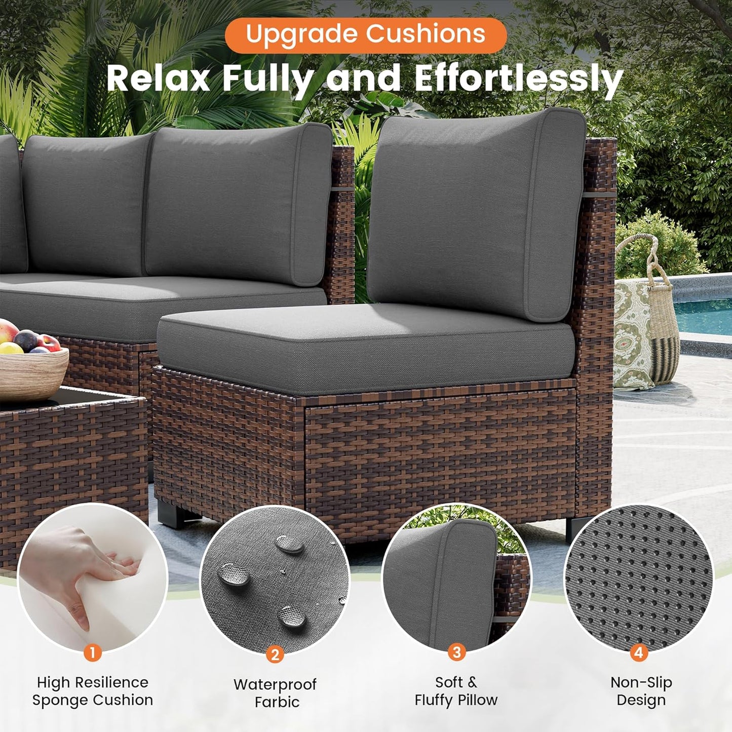 UDPATIO Patio Furniture Set with Fire Pit Table, 8 Inch Armrest Outdoor Sectional Sofa, Wicker Outdoor Furniture Conversation Sets with Waterproof Cover for Backyard Deck(Brown/Dark Grey)