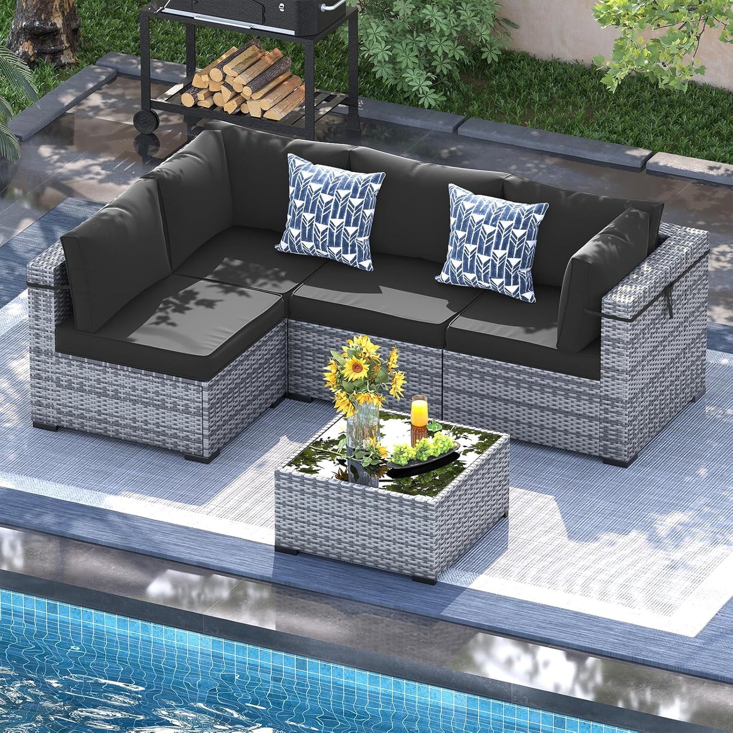 UDPATIO 5 Piece Patio Furniture Set, Outdoor Sectional Modular Sofa with 4'' Thickened Cushions, Wicker Outdoor Furniture Conversation Sets with Waterproof Cover for Backyard Deck(Grey/Black)