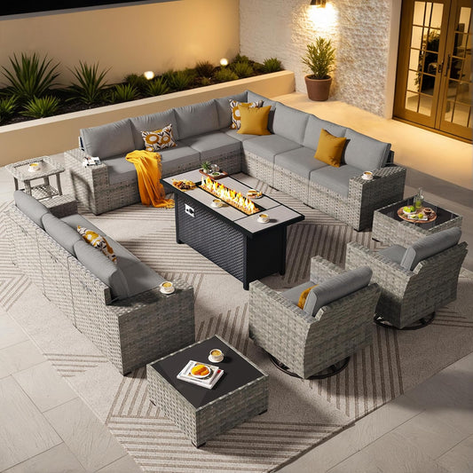 ovios 16 Pieces Patio Furniture Set, Outdoor Wicker Sectional Sofa with 54" Fire Pit Table Swivel Chairs, Modern Modular Deep Seat Rattan Couch Conversation Sets, Dark Grey