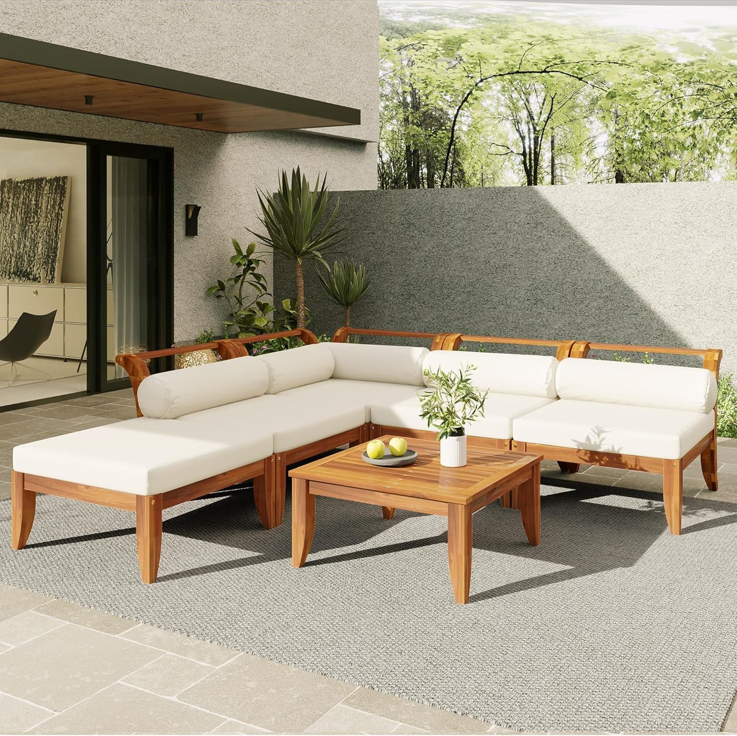 6 Piece Acacia Wood Patio Sofa Set, Outdoor Modular Sectional Garden Furniture Set with Tea Table, Ottoman, 5 Cushions and Pillows, L-Shaped Conversation Daybed for Patios, Poolsides, Gardens