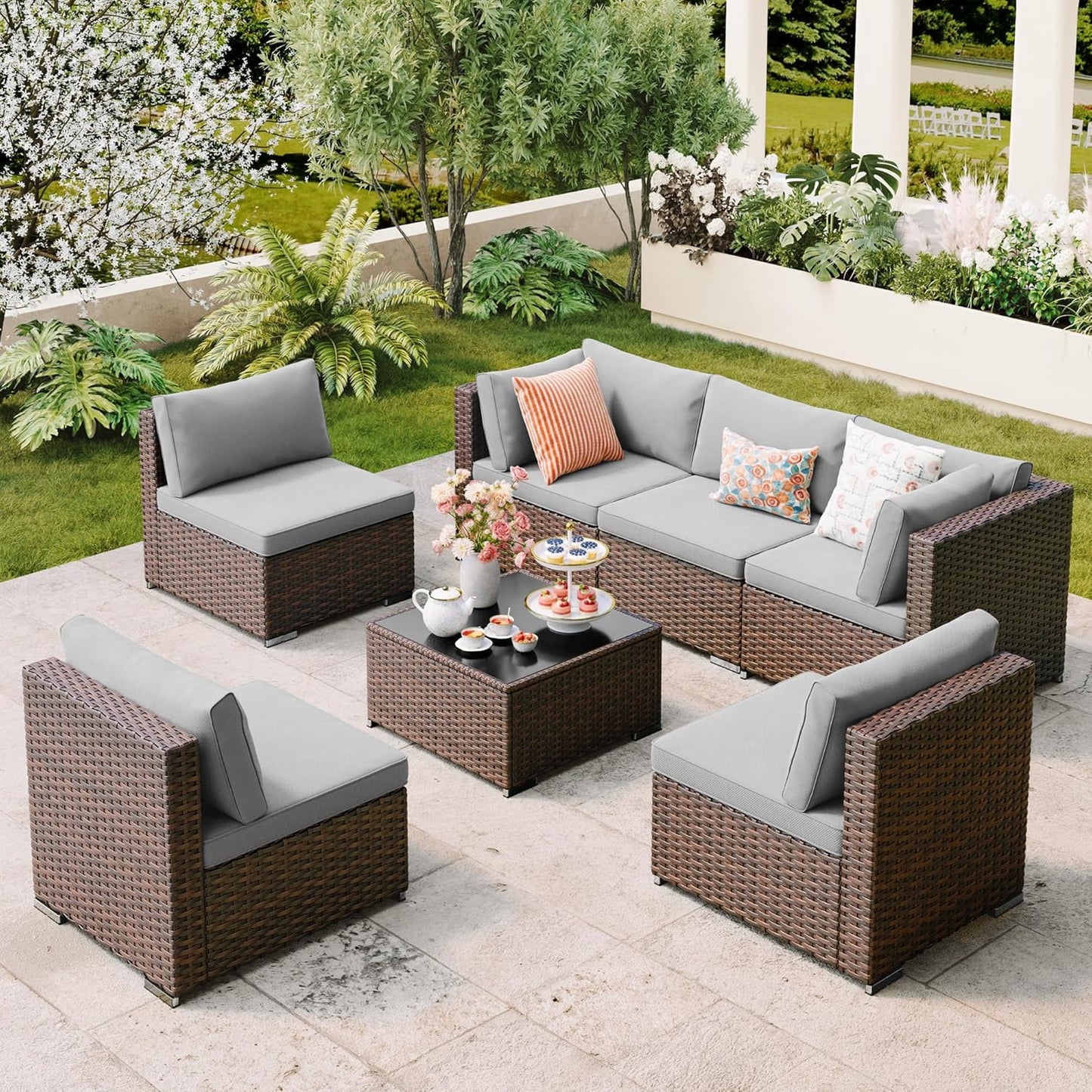 7 Pieces Outdoor Patio Furniture Set, PE Rattan Outdoor Wicker Sectional Furniture Sofa Set, with Cushions and Glass Coffee Table, for Balcony, Porch, Garden, Grey