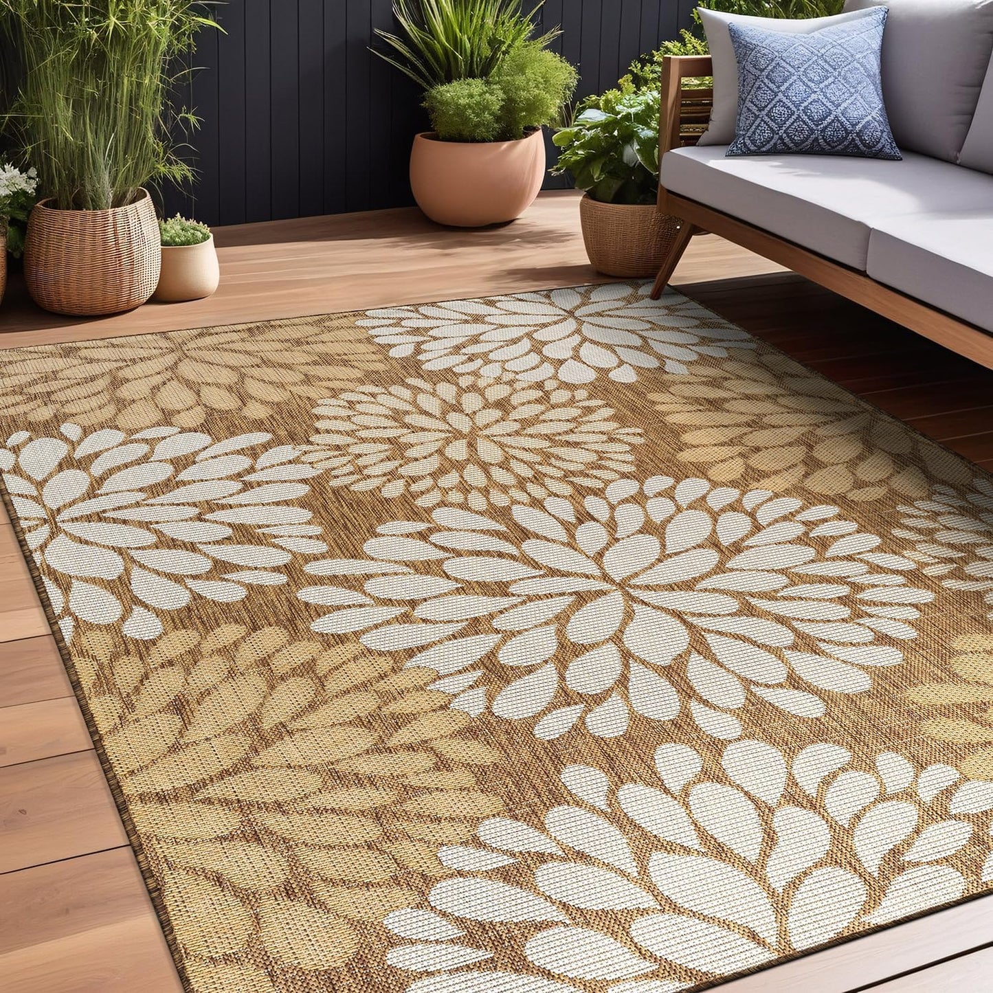 Beverly Rug Outdoor Rug 9x12 Modern Exotic Tropical Leaf Area Rugs for Indoor and Outdoor Patio Deck Porch Garden Water Resistant Washable Outside Carpet (9 x 12 Wooden)