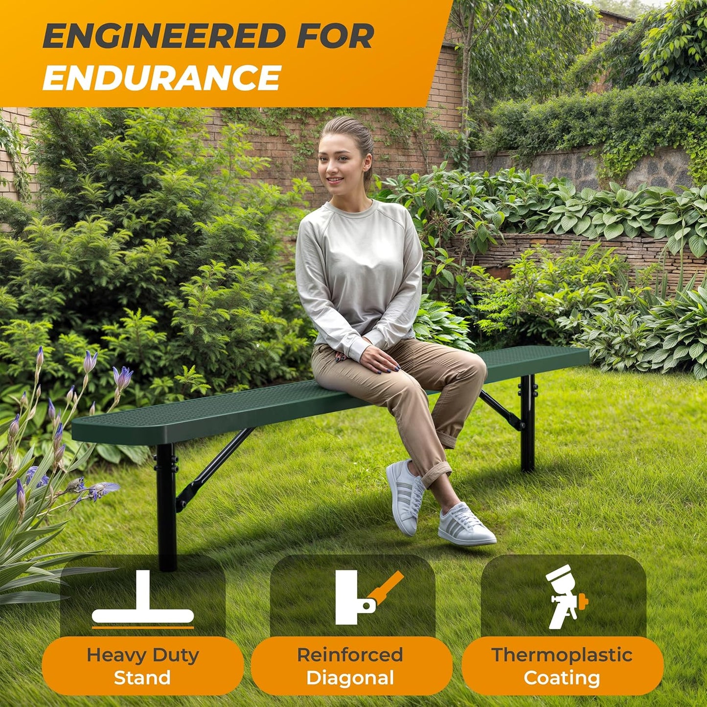 Heavy-Duty Outdoor Metal Bench, Thermoplastic-Coated, Inground, Weatherproof, Commercial-Grade for Parks, Gardens, Patios, Stores & More (8 Ft - Inground, Green)