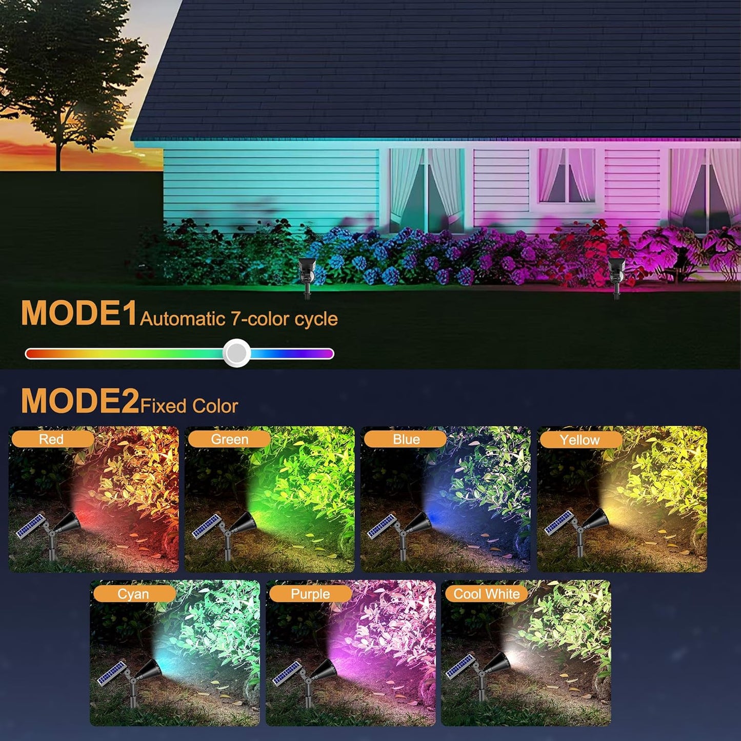 Solar Color Changing Lights, 2 Modes Solar Spotlights Outdoor Waterproof Ip65, Outdoor Lights for Outside Yard Garden Landscape Pathway Tree Decorations- 2 Pack (Multicolor)