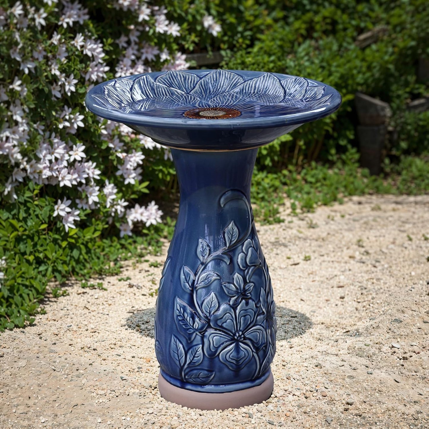 LuxenHome 22 Inch Ceramic Bird Bath for Outside, Elegant Tall Outdoor Bird Bath, Lightweight Pedestal Glazed Birdbaths for Outdoors with Floral Pattern, Deep Blue