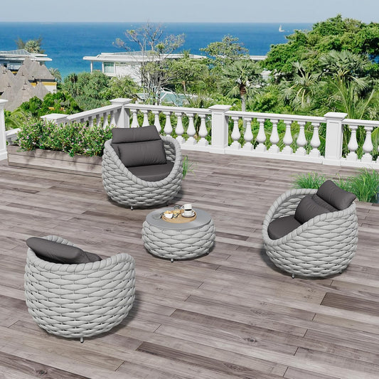 4 Pieces Courtyard Seating Set: Aluminum Woven Rope Patio Furniture Chair Set - All Weather Metal Outdoor Conversation Set - Assembled Armchair w/Table for Bistro Deck Porch Balcony Pool Hotel
