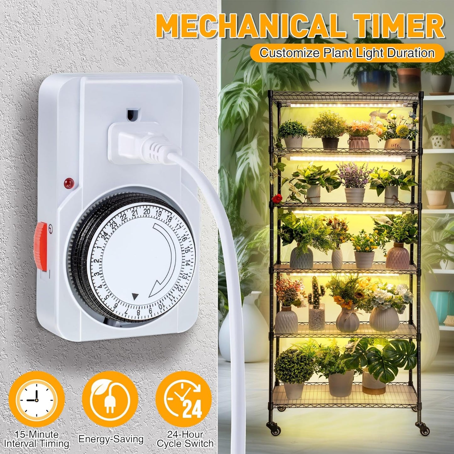 Meonum Plant Shelf with Grow Lights, 5.9FT 6 Tier DIY Metal Grow Rack, Indoor Greenhouse with 90W LED Full Spectrum Growing Lamps, Mechanical Timer, PP Waterproof Pads for Indoor Seed Starting