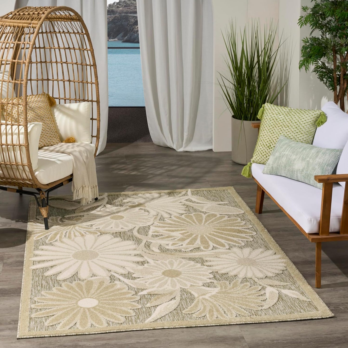 Nourison Aloha Ivory Sage 3'6" x 5'6" Area Rug - Easy Clean, Non Shedding, Bed Room, Living Room, Dining Room, Kitchen (4' x 6')