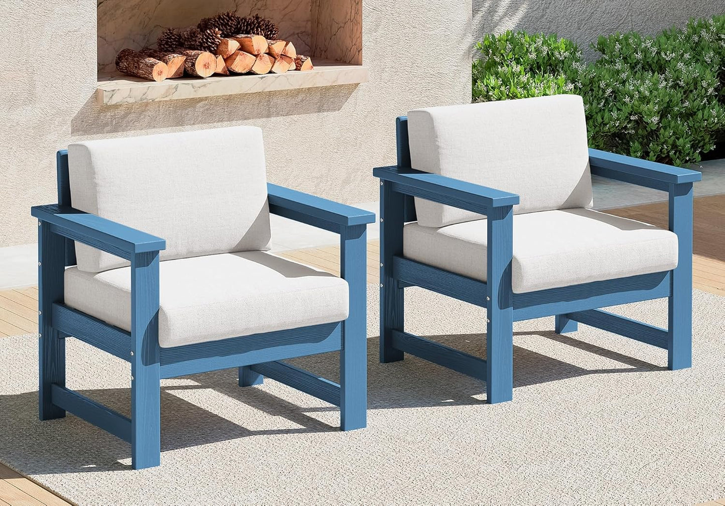 SERWALL 2 Pieces Single Cushioned Lounge Chair, Blue HDPE Outdoor Adirondack Sofa Armchair with Khaki Cushion