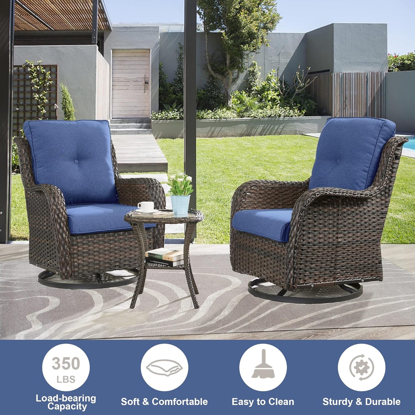 Outdoor Furniture Sectional Sofa L Shaped Couch - Patio Wicker Set with 2 Swivel Glider Chairs, 8 Piece Rattan Patio Conversation Sets with Blue Cushion for Deck Backyard Sunroom