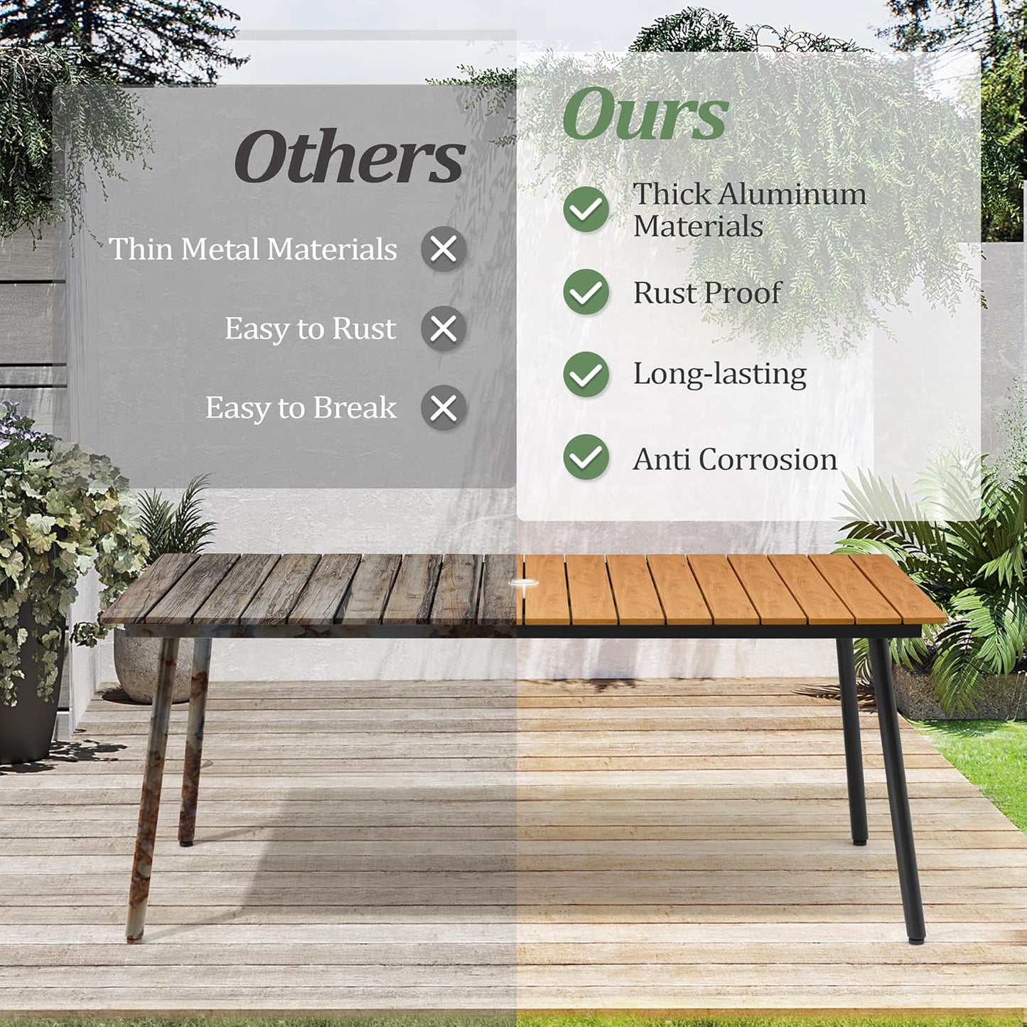 Outdoor Dining Table for 6, 70inch Patio Dining Table with Wooden-Like Top and Aluminum Frame, Rectangular Table with Umbrella Hole Outdoor Furniture, Brown