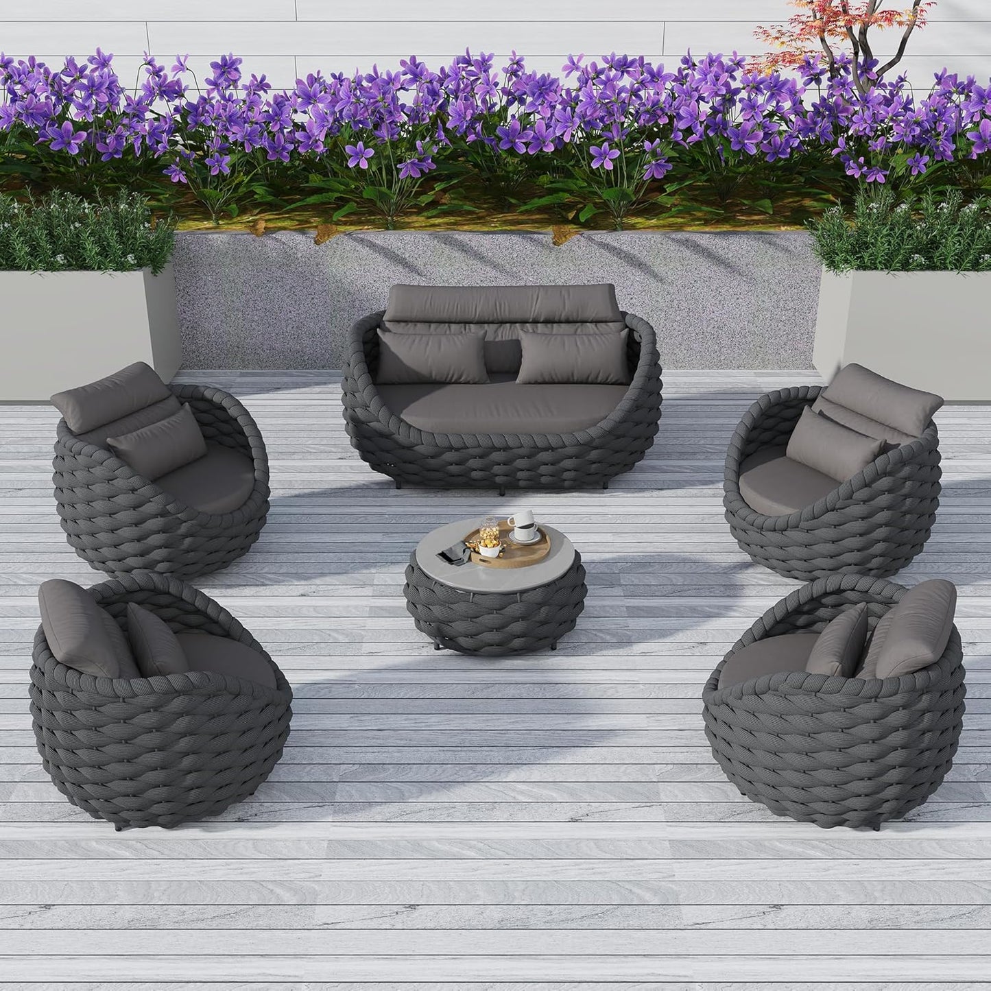 6 Pieces Patio Furniture Set Outdoor Rope Conversation Sectional Patio Sofa with 6 Seater for Backyard, Porch, Modern Armchairs with Thickness Cushions and Side Table, Dark Grey
