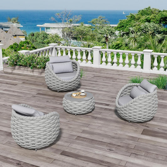 4 Pieces Courtyard Seating Set: Aluminum Woven Rope Patio Furniture Chair Set - All Weather Metal Outdoor Conversation Set - Assembled Armchair with Table Set for Bistro Deck Porch Balcony, Grey