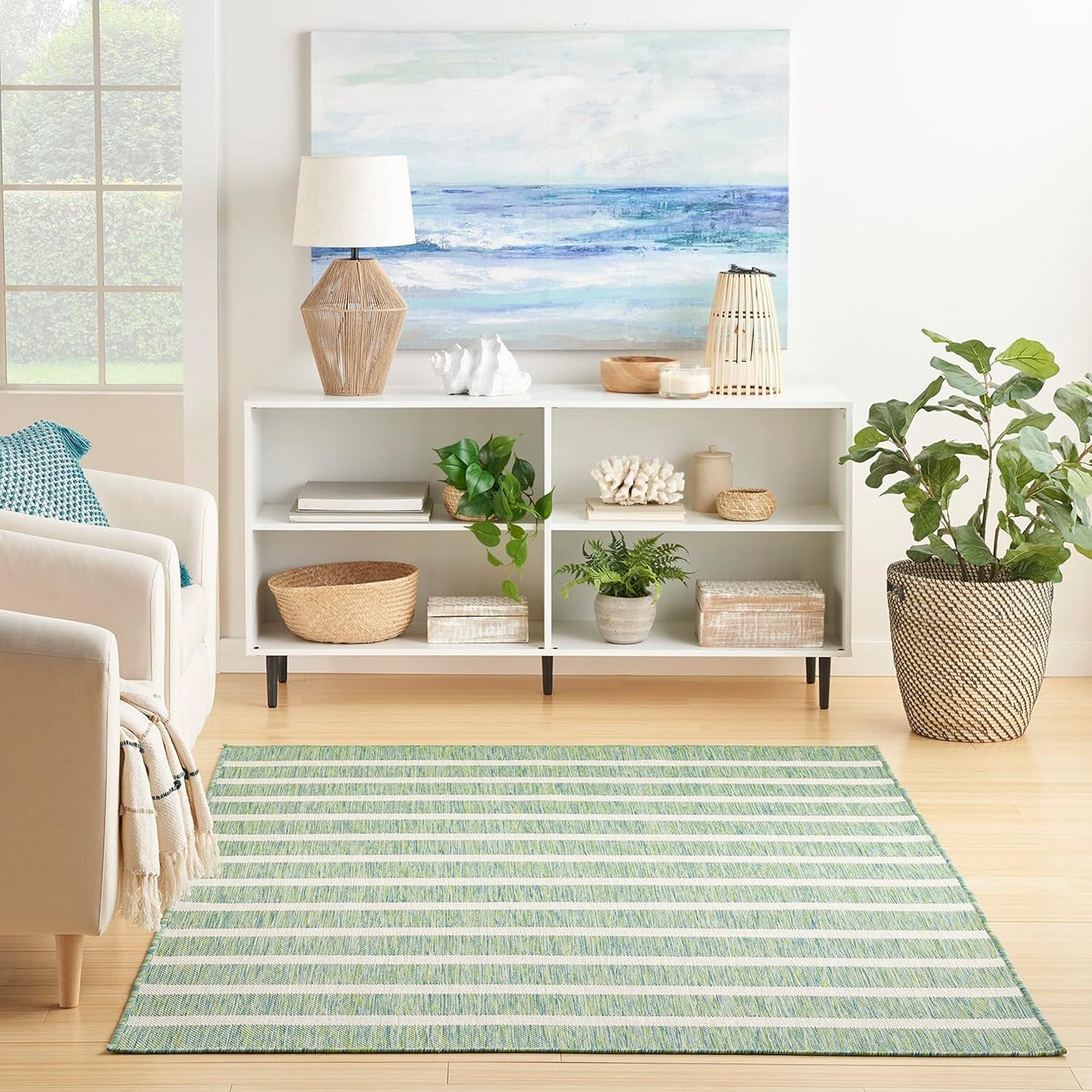 Nourison Home Positano Indoor/Outdoor Blue Green Ivory 7' x 10' Area Rug, Easy Cleaning, Non Shedding, Bed Room, Living Room, Dining Room, Deck, Backyard, Patio (7x10)