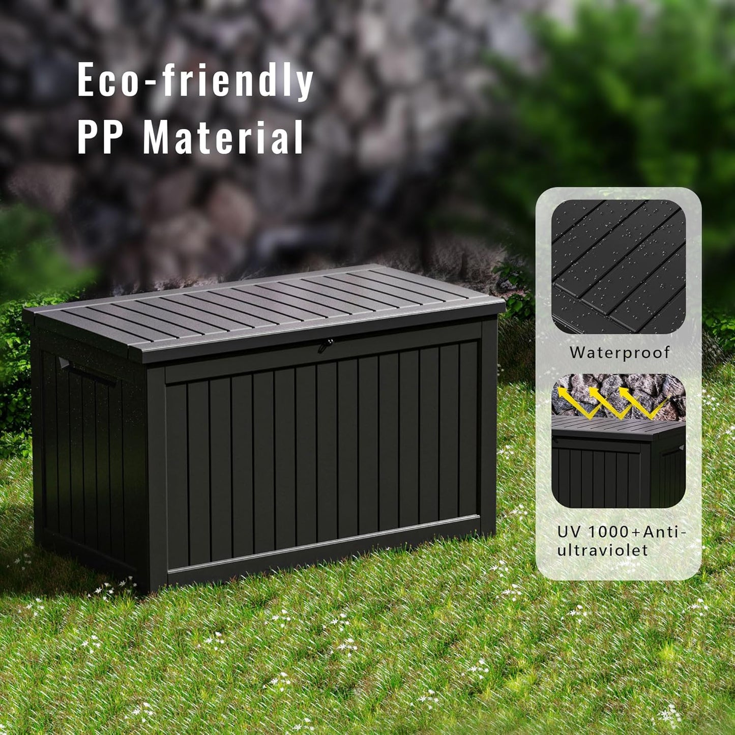 DRATO 230 Gallon Deck Box, Outdoor Large Waterproof Resin Storage Box with Lockable Lid for Patio Cushions, Gardening Tools, Sports Equipment, Black