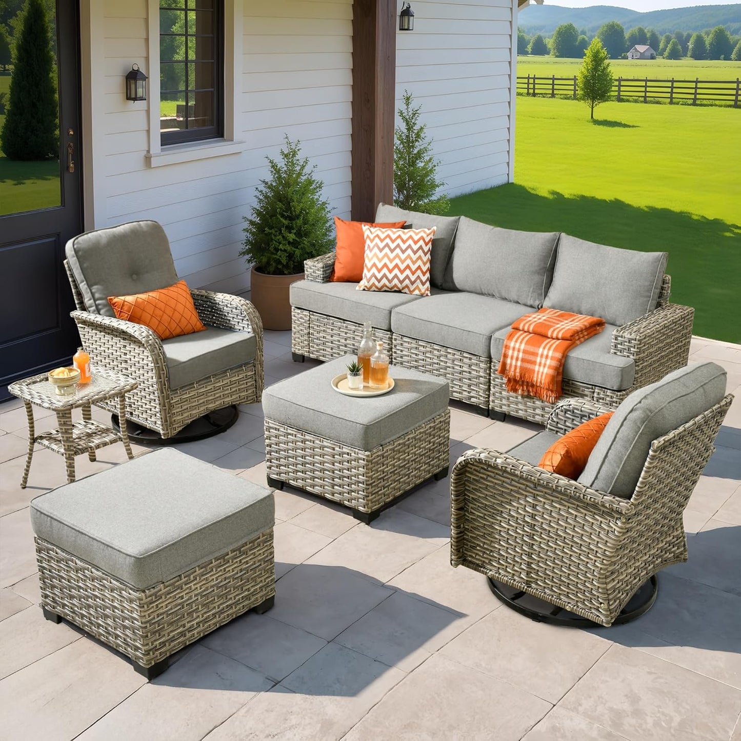HOOOWOOO Outdoor Sectional Patio Furniture Set,8 Pieces Wicker Conversation Sets,Extra Deep Out Door Sofa Outside Furniture Couch with Swivel Chairs Ottoman,Charcoal Gray