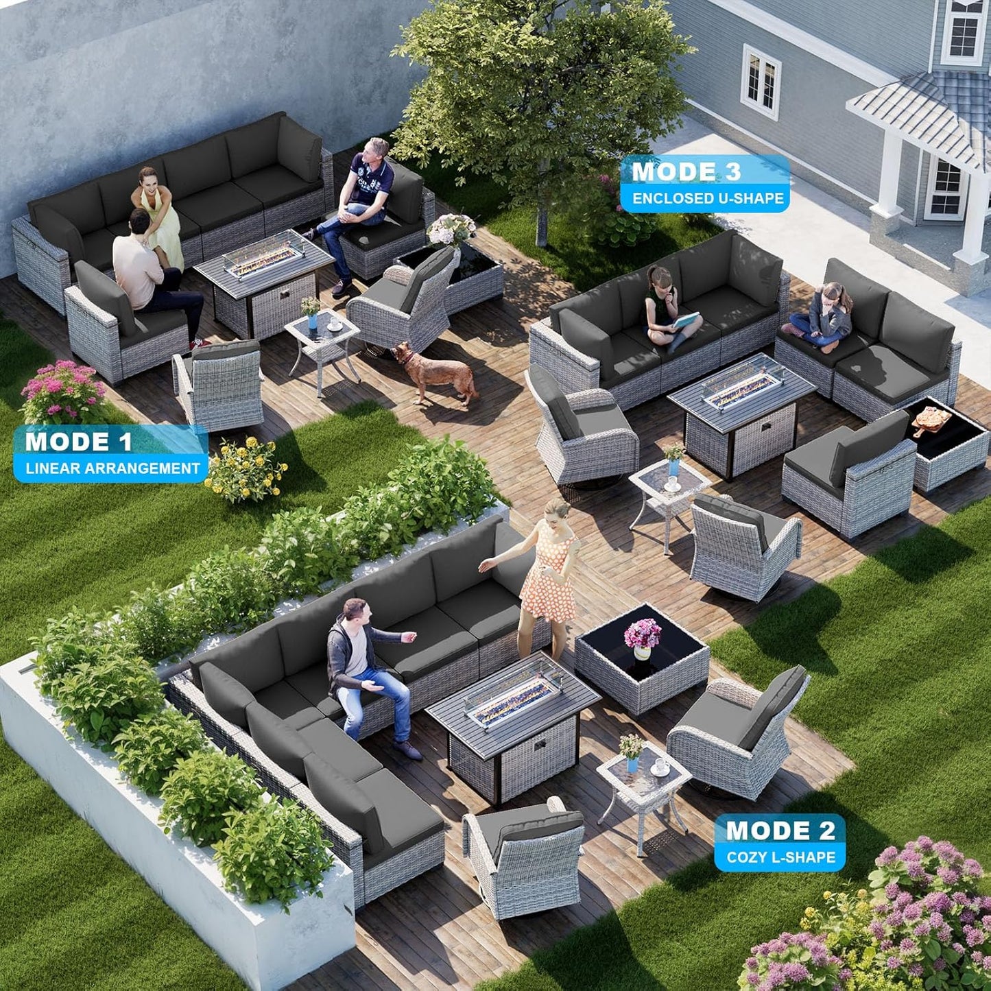 11-Piece Patio Furniture Set, Outdoor Patio Furniture with 55,000 BTU Fire Pit Table, Swivel Chairs Set, Thick Cushions, Modular Patio Sofa, Dual-Strand Wicker Rattan, Rust-Resistant Frame, Black