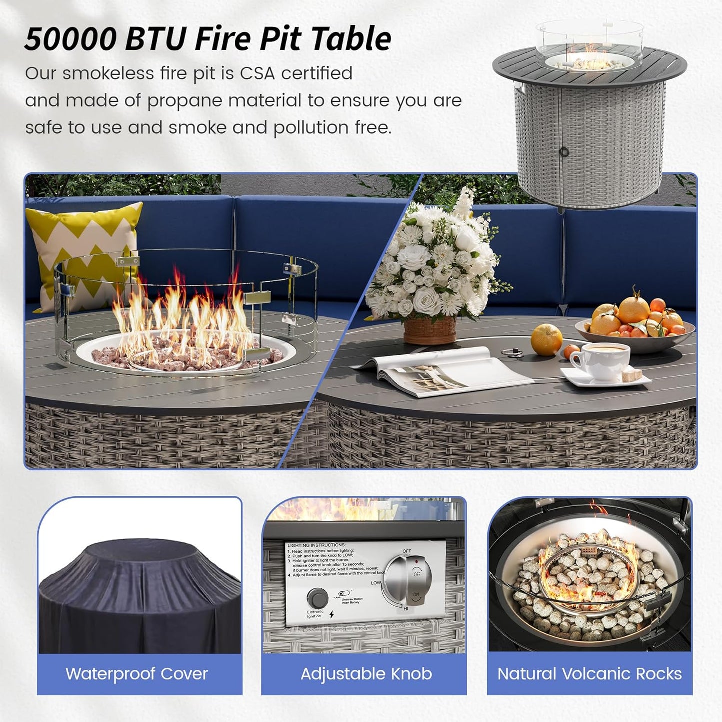 Patio Sectional Furniture Outdoor 12-Piece Grey Rattan Curved Sofa Set with Fire Pit Table,Storage Table,Pillows,Fit for Pool Backyard Balcony Porch Lawn (Navy)