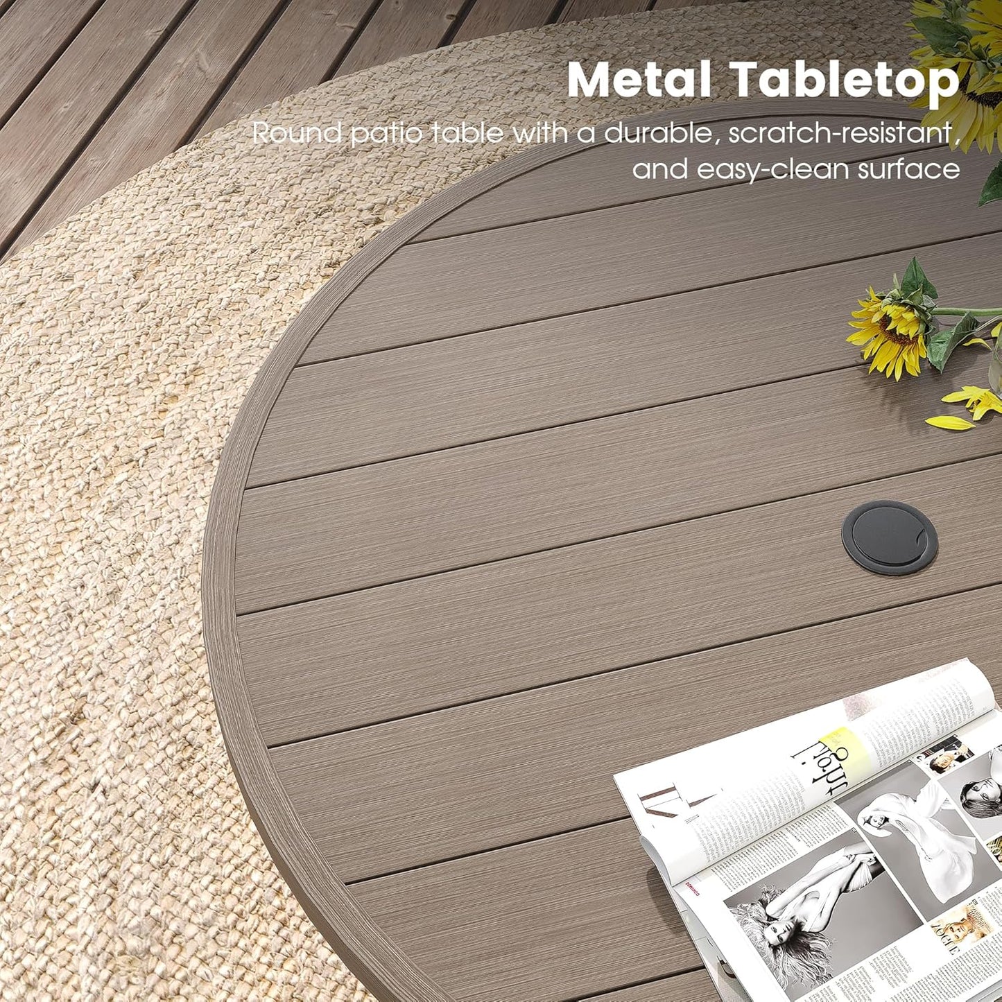 DIFY Outdoor Dining Table for 4, Round Patio Table with Umbrella Hole for Garden, Backyard and Porch (Grey)