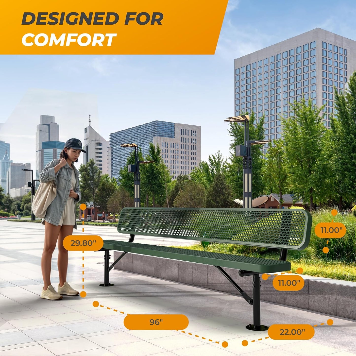 Heavy-Duty Outdoor Metal Bench, Thermoplastic-Coated, Surface, Weatherproof, Commercial-Grade for Parks, Gardens, Patios, Stores & More (8 Ft - Surface with Back, Green)